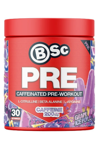 BSc Pre-Caffeinated Pre-Workout supplement container with colourful design on a white background