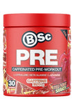 BSc Pre-Caffeinated Pre-Workout supplement container with red and white design