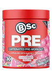 BSc Pre-workout supplement container with strawberry bubblegum flavour on a white background