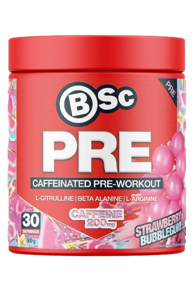 BSc Pre-workout supplement container with strawberry bubblegum flavour on a white background