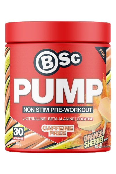 BSc Pump non stim pre-workout supplement container for orange sherbert flavour